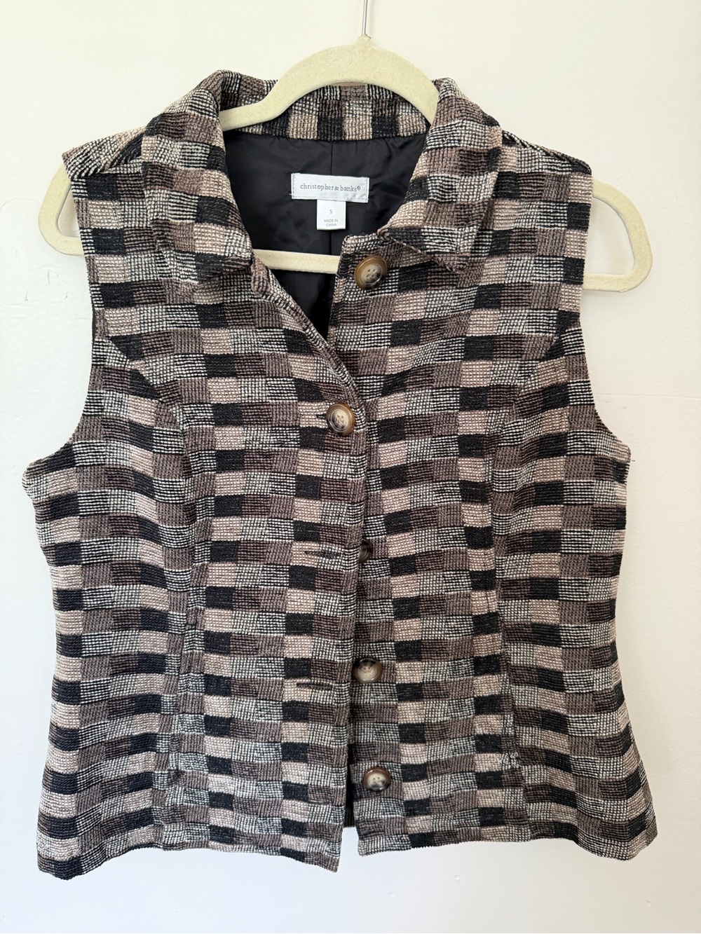 Christopher & Banks Brown and Black Checkered Sleeveless Vest